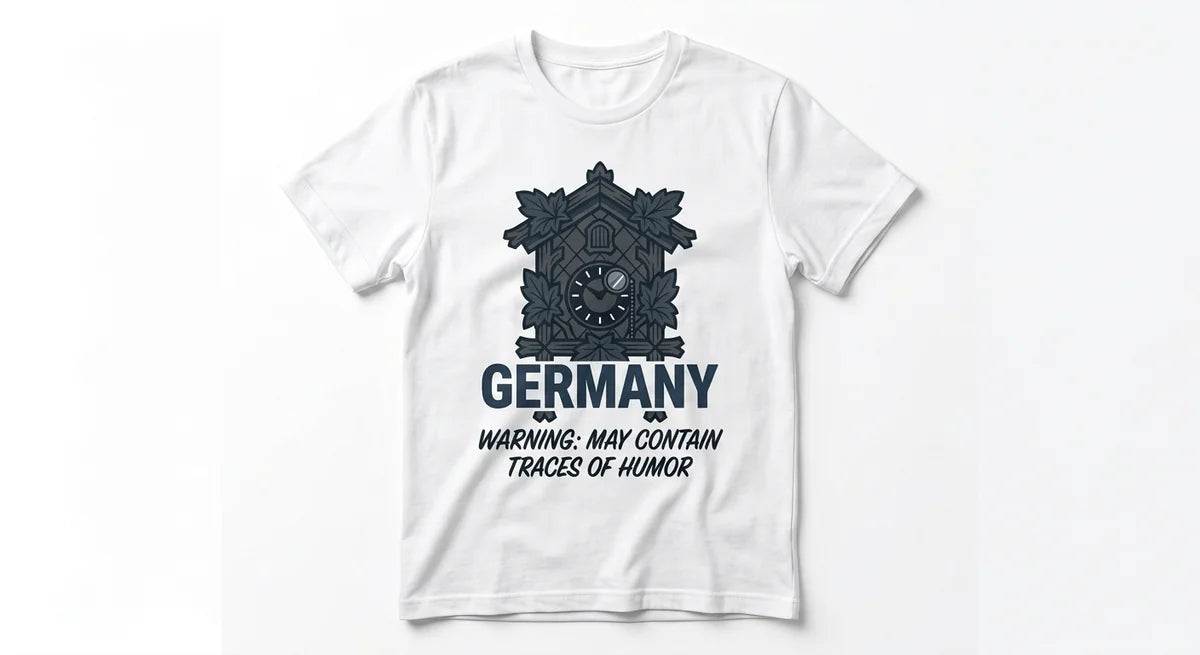 Germany Souvenir T-Shirt – Funny Cuckoo Clock "Warning: May Contain Traces of Humor" Graphic Tee