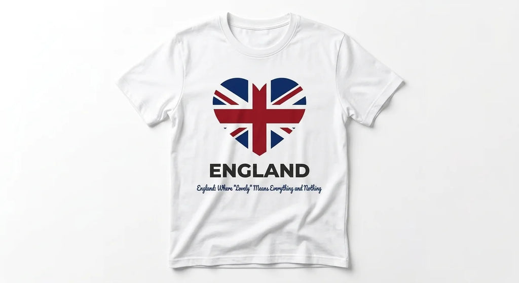 England Souvenir T-Shirt | 'Lovely' Slogan Tee | Minimalist Union Jack Heart Graphic | Premium Cotton British Humour Apparel