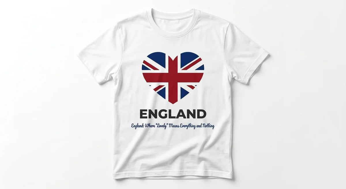 England Souvenir T-Shirt | 'Lovely' Slogan Tee | Minimalist Union Jack Heart Graphic | Premium Cotton British Humour Apparel