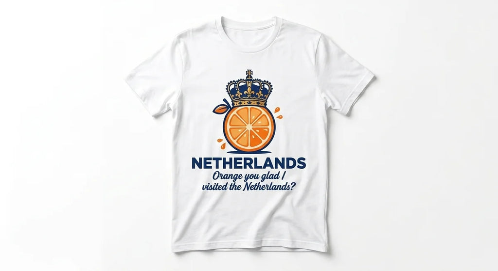 "Orange You Glad" Netherlands Souvenir T-Shirt | Funny Dutch Travel Tee | Crowned Orange Slice Graphic