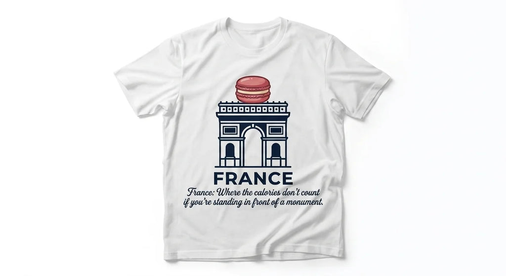 France Travel T-Shirt | Arc de Triomphe Macaron Graphic | Funny Foodie Souvenir Tee
