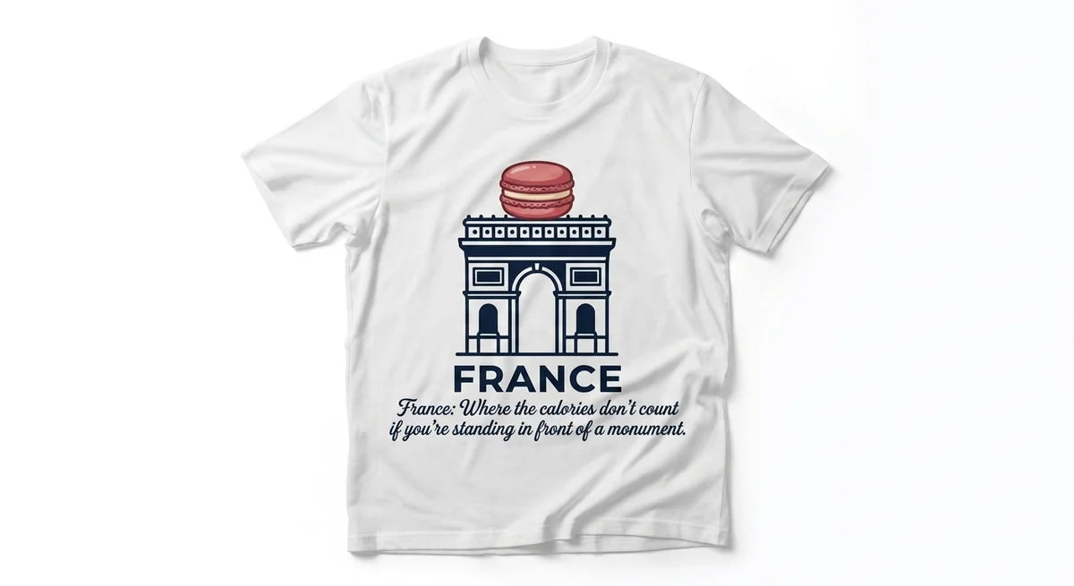 France Travel T-Shirt | Arc de Triomphe Macaron Graphic | Funny Foodie Souvenir Tee