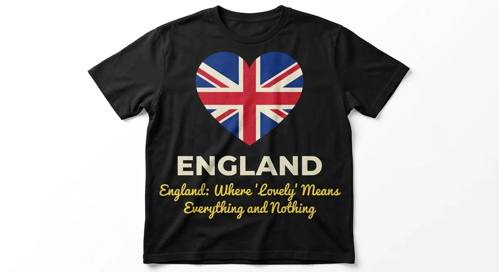 England Souvenir T-Shirt | 'Lovely' Slogan Tee | Minimalist Union Jack Heart Graphic | Premium Cotton British Humour Apparel