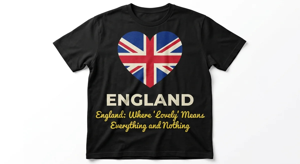 England Souvenir T-Shirt | 'Lovely' Slogan Tee | Minimalist Union Jack Heart Graphic | Premium Cotton British Humour Apparel