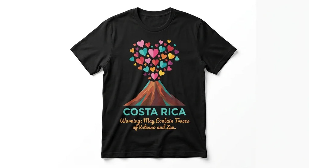 "May Contain Traces of Volcano & Zen" Funny Travel Tee | Costa Rica Volcano & Zen Graphic T-Shirt