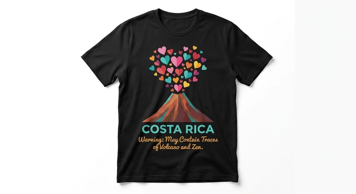 "May Contain Traces of Volcano & Zen" Funny Travel Tee | Costa Rica Volcano & Zen Graphic T-Shirt