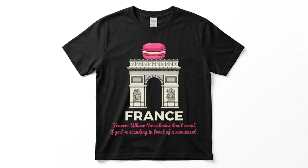 France Travel T-Shirt | Arc de Triomphe Macaron Graphic | Funny Foodie Souvenir Tee