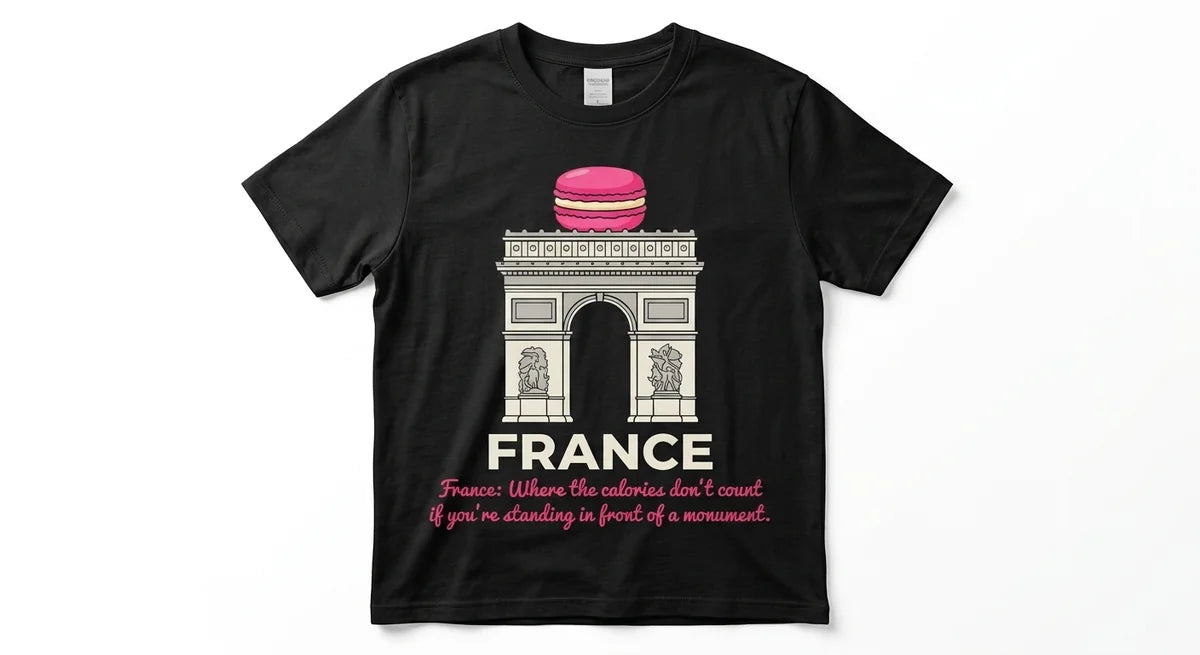 France Travel T-Shirt | Arc de Triomphe Macaron Graphic | Funny Foodie Souvenir Tee