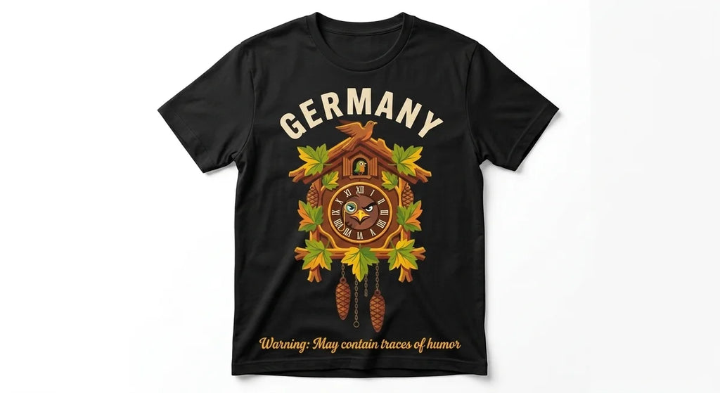 Germany Souvenir T-Shirt – Funny Cuckoo Clock "Warning: May Contain Traces of Humor" Graphic Tee