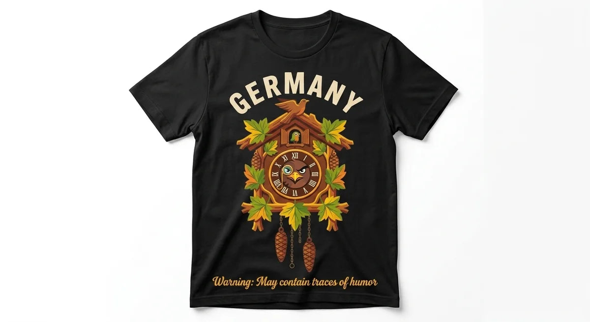 Germany Souvenir T-Shirt – Funny Cuckoo Clock "Warning: May Contain Traces of Humor" Graphic Tee