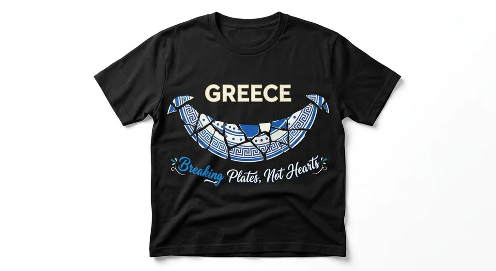 "Breaking Plates, Not Hearts" Greek Souvenir Graphic T-Shirt | Premium Cotton Mediterranean Keepsake