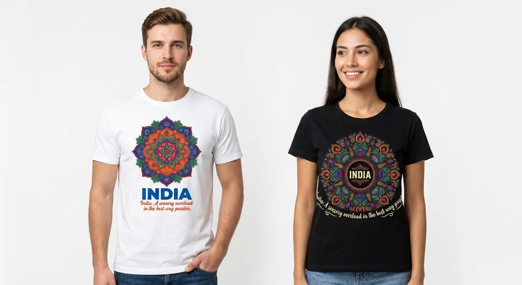 India Sensory Overload Graphic T-Shirt | Kaleidoscope Mandala Souvenir Tee | Premium Cotton Casual Wear
