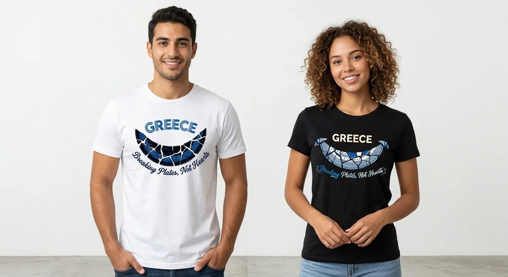 "Breaking Plates, Not Hearts" Greek Souvenir Graphic T-Shirt | Premium Cotton Mediterranean Keepsake