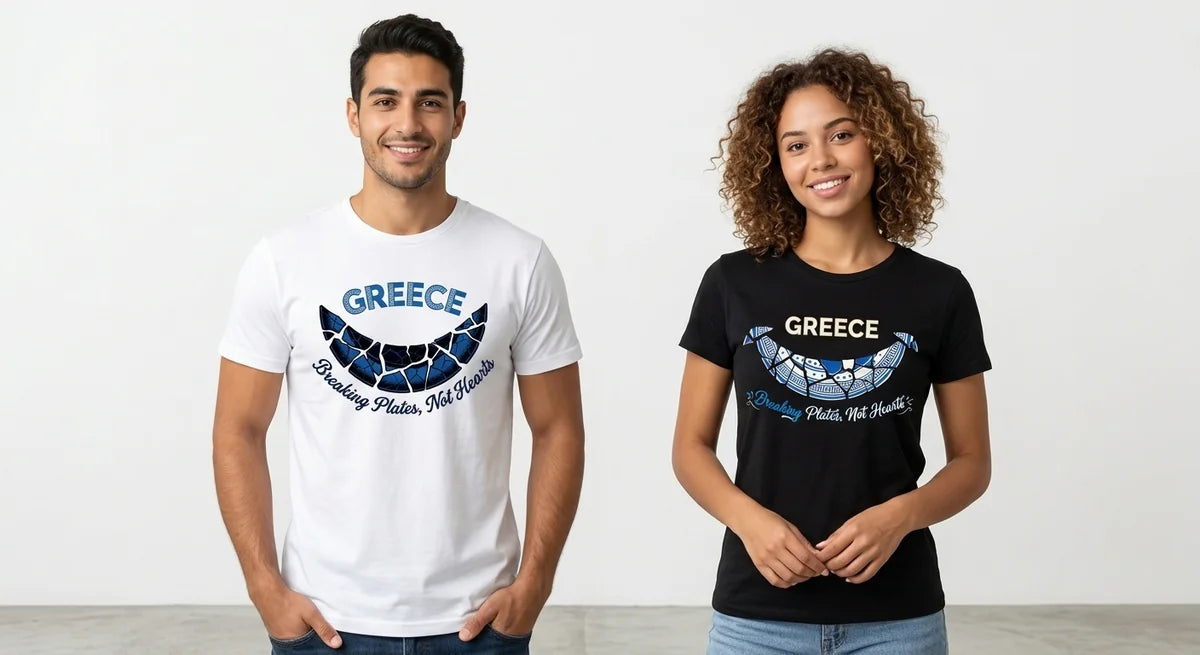 "Breaking Plates, Not Hearts" Greek Souvenir Graphic T-Shirt | Premium Cotton Mediterranean Keepsake
