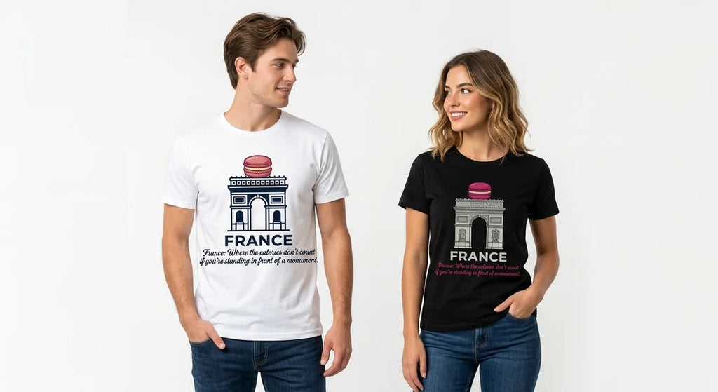 France Travel T-Shirt | Arc de Triomphe Macaron Graphic | Funny Foodie Souvenir Tee