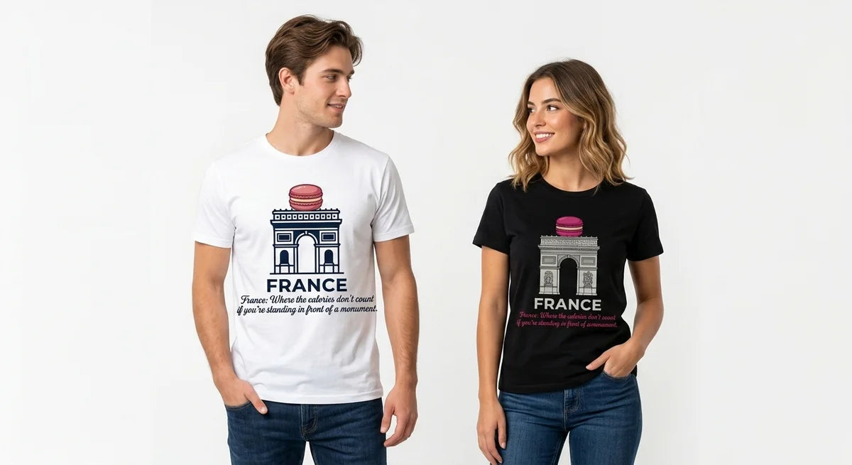 France Travel T-Shirt | Arc de Triomphe Macaron Graphic | Funny Foodie Souvenir Tee