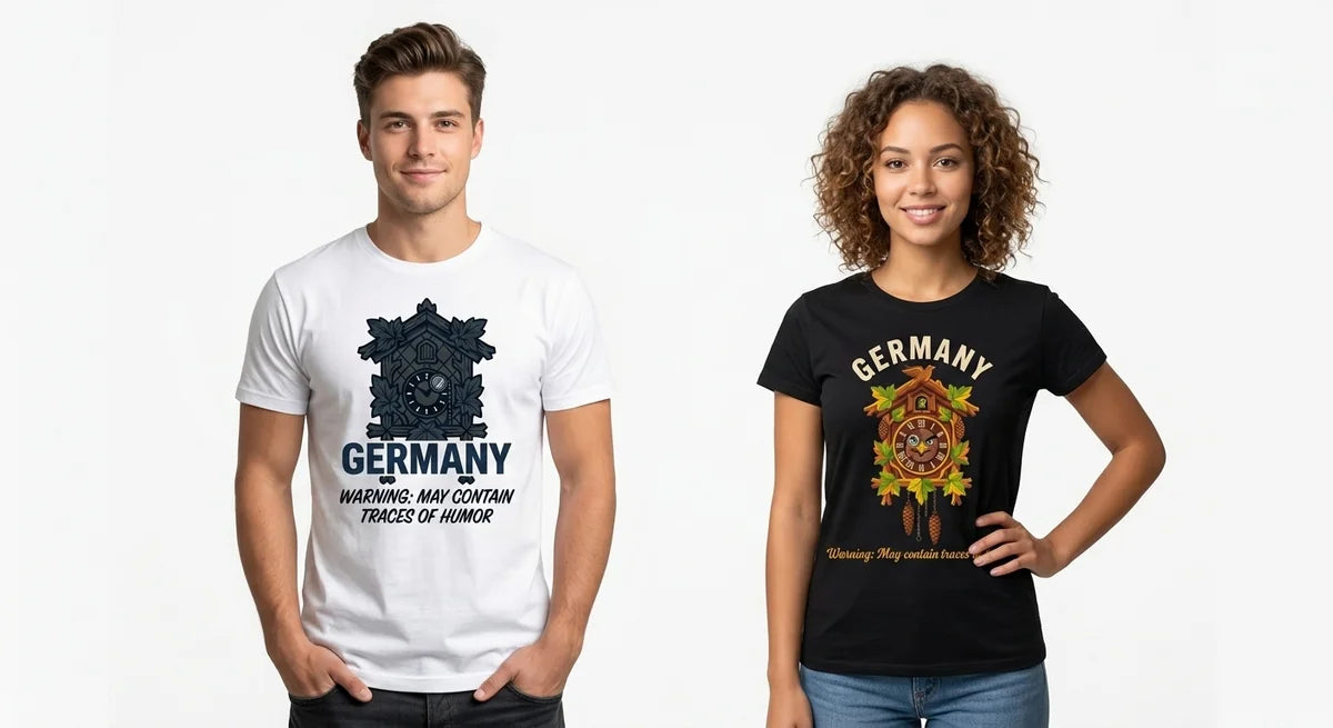 Germany Souvenir T-Shirt – Funny Cuckoo Clock "Warning: May Contain Traces of Humor" Graphic Tee