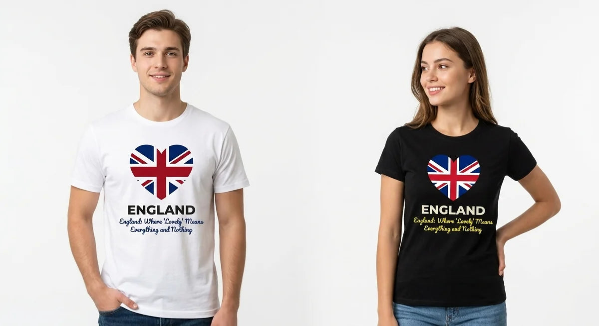 England Souvenir T-Shirt | 'Lovely' Slogan Tee | Minimalist Union Jack Heart Graphic | Premium Cotton British Humour Apparel